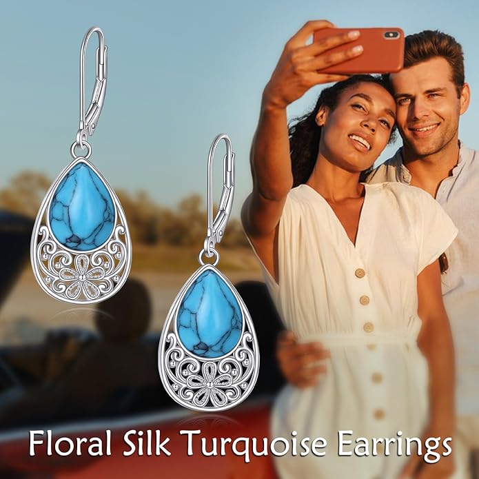 AOBOCO Butterfly/Dragonfly/Bee/Ladybug Leverback Earrings 925 Sterling Silver Rose Lotus Tulip Flower Filigree Dangle Earrings Teardrop Moonstone Larimar Turquoise Abalone Shell Jewelry Birthday Gifts for Women