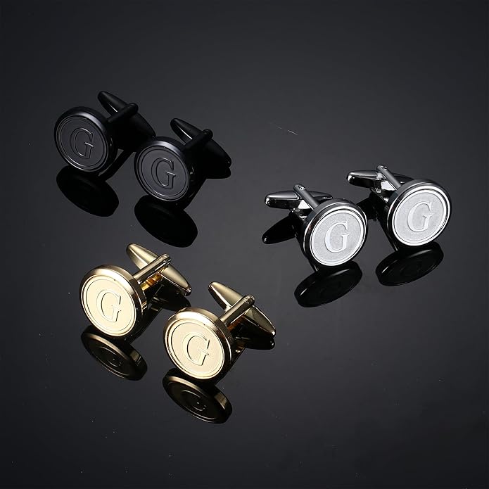 LOLIAS 3 Pairs Initial Cufflinks For Men Classic Mens CuffLinks Set Letter Cuff Links for Casual to Formal with Gift Box Silver Black 14K gold plated Cufflinks for Father Husband