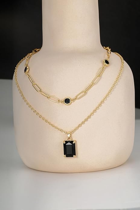 Gold Layered Pendant Necklaces for Women 14k Gold Plated Crystal Choker Necklace Paperclip Rhinestone Necklace Party Prom Jewelry