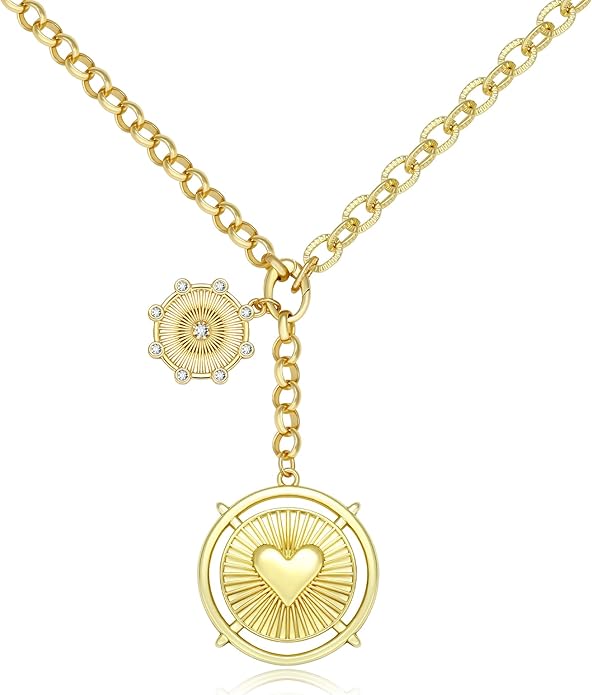 Chunky Gold Necklace for Women, 18K Waterproof Heart Necklace Statement Necklace Gold Charm Necklace Chunky Jewelry Paperclip Chain Choker Gift for Women