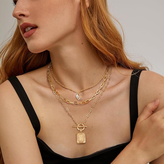 MJartoria Layered Initial Necklaces for Women Trendy, 14K Gold Plated Brass Simple Moon Choker Square Letter Pendant Necklace, Paperclip Chain Necklaces Jewelry Gifts