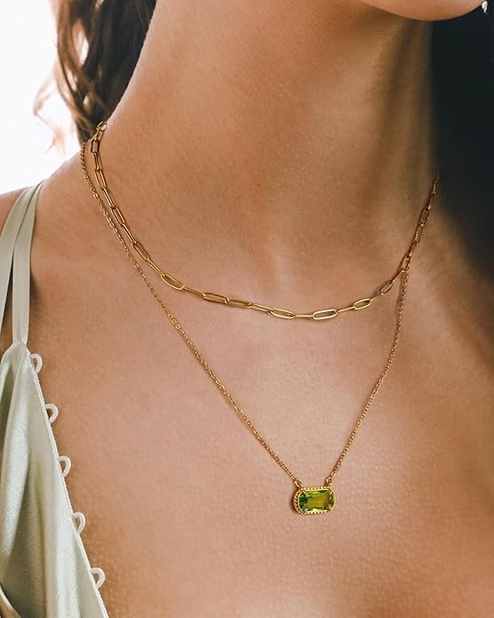 Lourny Gemstone Birthstone Pendant Layered Necklace for Women Trendy, 18K Gold Plated Paperclip Chain Preppy Choker Charm Necklace for Women Wife Jewelry