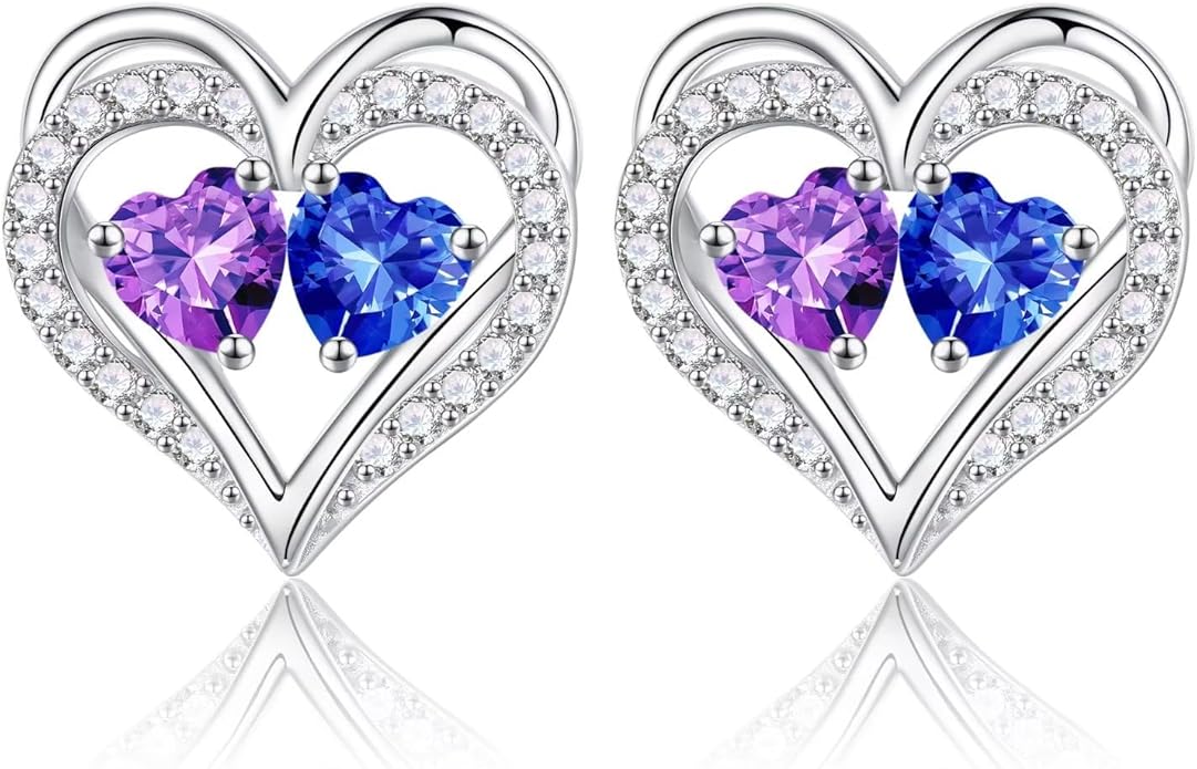 Iefil Birthstone Earrings for Women - 925 Sterling Silver Heart Earrings Anniversary Birthday Gifts for Women Wife Girlfriend Mom