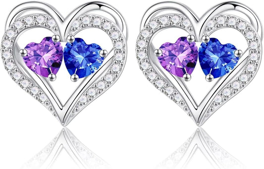 Iefil Birthstone Earrings for Women - 925 Sterling Silver Heart Earrings Anniversary Birthday Gifts for Women Wife Girlfriend Mom