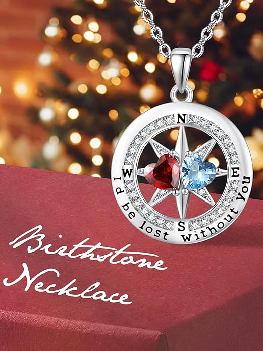Compass Birthstones Necklace for Women, Exquisite Anniversary Birthday Gifts for Wife Her Double Birthstone Pendant jewelry ‘I'd be Lost Without You’