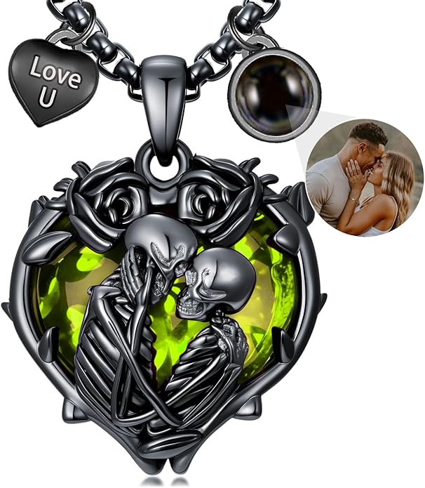 Flpruy 925 Sterling Silver Black Gothic Jewelry Gifts Skeleton Couple Pendant Crystal Birthstone Heart Necklace Punk Romantic Jewelry for Lover Men Women
