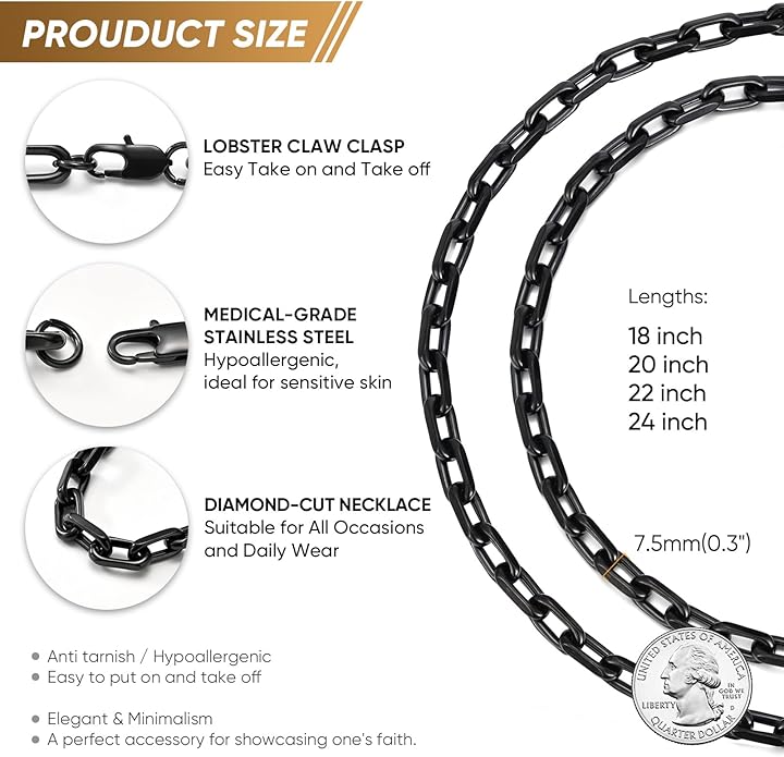 VNOX Silver Paperclip Necklace for Men, 7mm Solid Diamond-Cut Chunky Stainless Steel Anchor Link Chain Mens Necklaces Jewelry Gifts for Men Dad Boyferiend, 18/20/22/24 Inchs