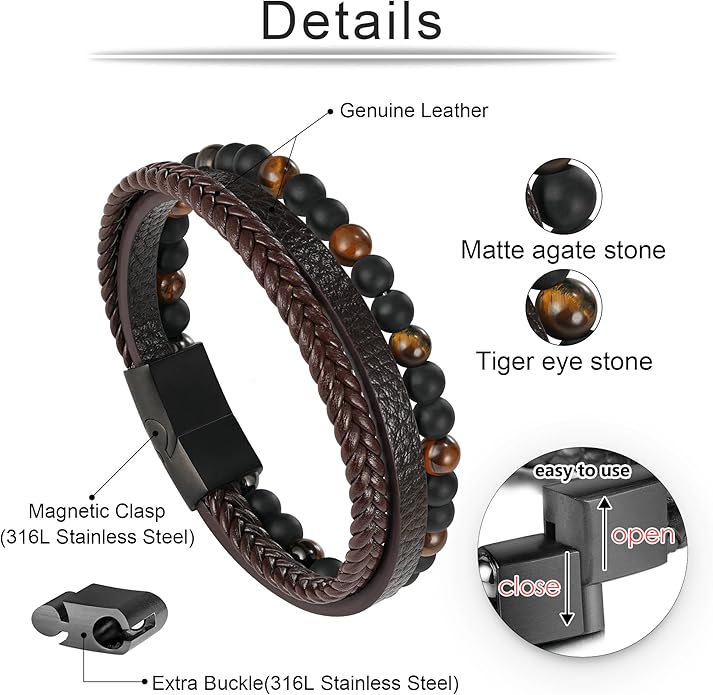Gifts for Men - Layered Leather Beads Bracelet, Tiger Eye Lava Rock Stone Braided Leather Bracelets for Men Adjustable Magnetic Clasp Birthday Gifts