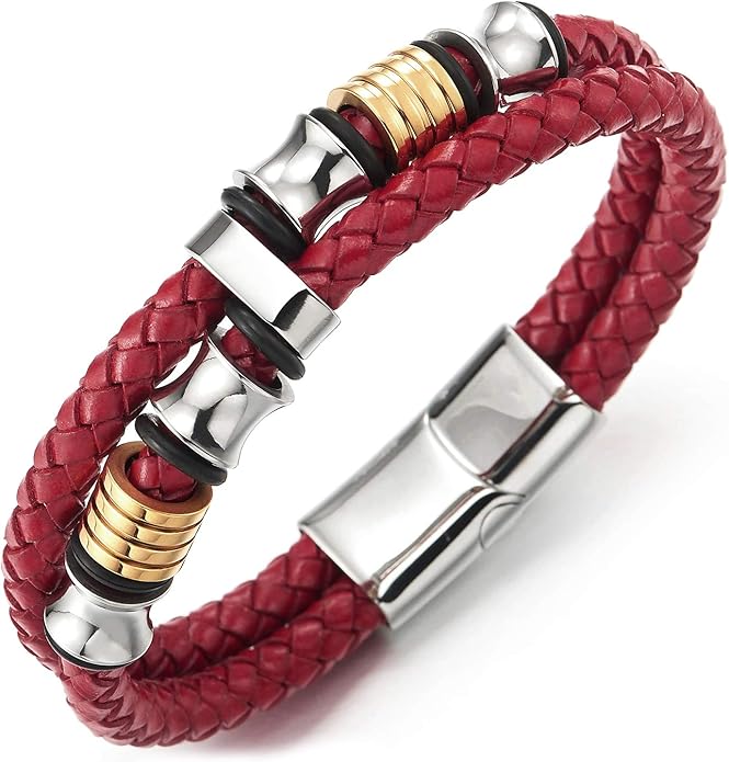 COOLSTEELANDBEYOND Mens Double-Row Braided Leather Bracelet Bangle Wristband with Stainless Steel Ornaments