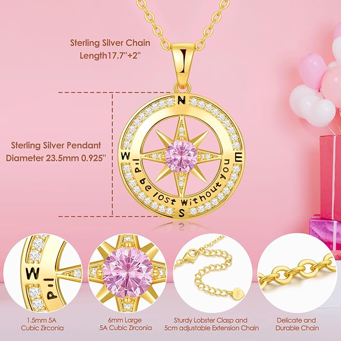 Zifeel Compass Necklace Gifts for Women wife - S925 Sterling Silver Birthstone Necklaces for Women - Anniversary Birthday Gifts for Her Wife Girlfriend - Valentines Mom Mothers Day Christmas Gifts Jewelry for Women