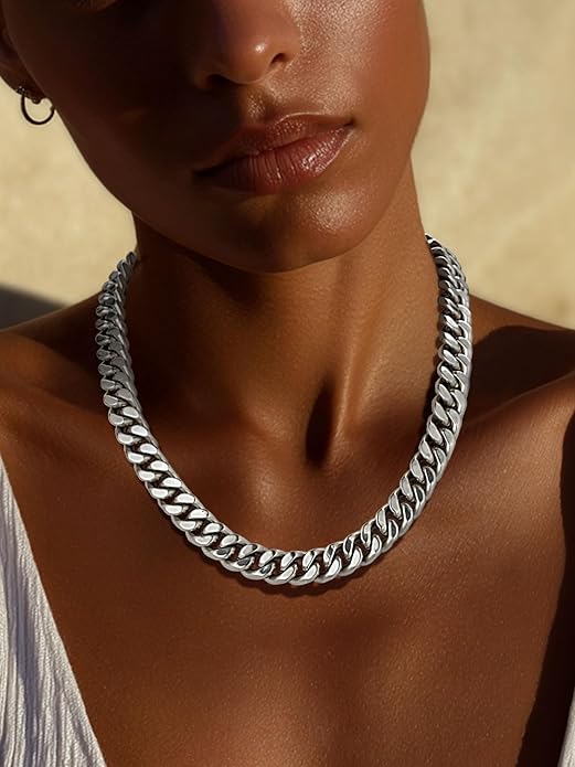 ChainsPro Chunky Cuban Link Chain Necklace for Women,Stainless Steel Silver/Gold Plated Thick Choker, 5/12/14mm Width,18" and 20" Punk Hip Hop Trendy Jewelry Gifts