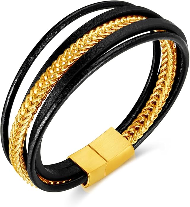 Italian Handmade Genuine Leather Bracelets for Men Stainless Steel Clip, Men's Casual Genuine Multi-layer Cuff Bracelet, Bracelet Gift for Real Men