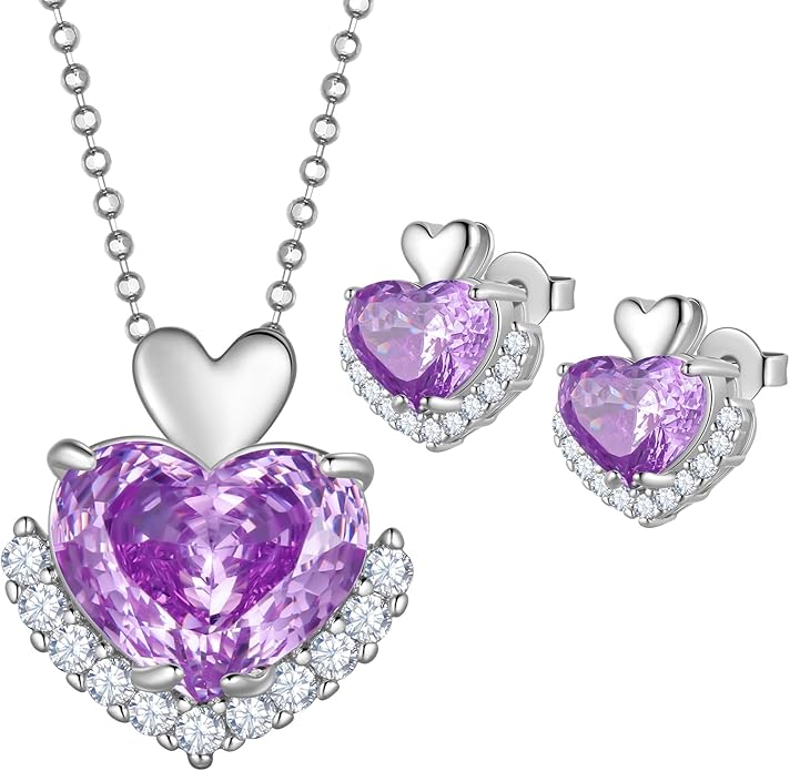 Ydou Love Heart Necklaces and Earrings with Rose Cut Birthstone Silver Plated Elegant Jewelry Set for Women CS0002