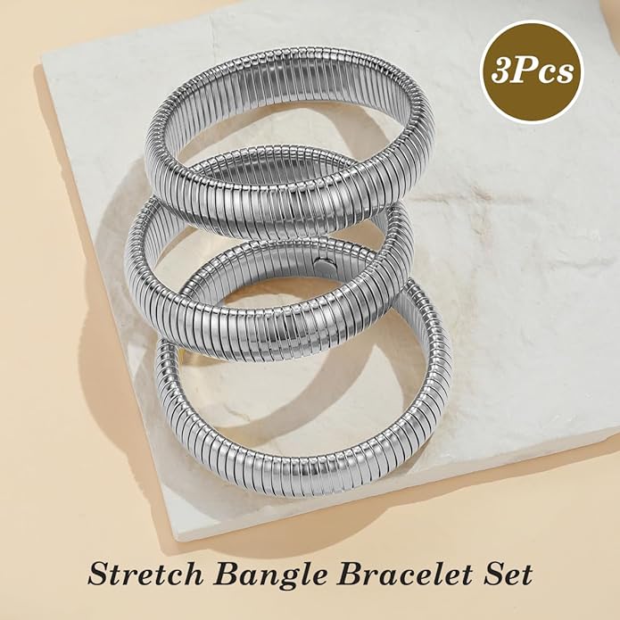 Emibele Gold Bangles Bracelet Set for Women, 18K Gold Plated Chunky Stainless Steel Non Tarnish Stretch Bracelet Stack, Flexible Wide Wristband Bangle Layered Snake Chain Bracelets