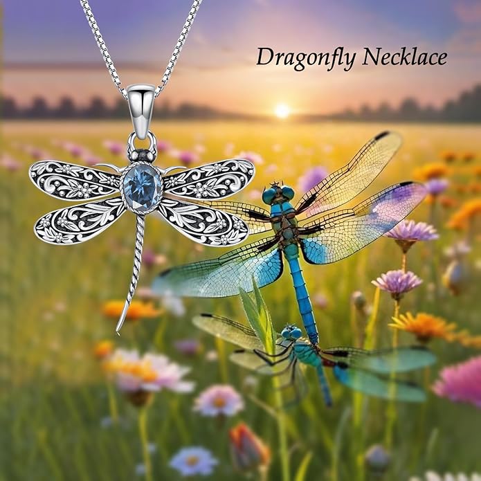 Vintage Dragonfly Necklace for Women 925 Sterling Silver, Oval Birthstone Dragonfly Pendant Boho Jewelry Birthday Gift for Her, Mom, Grandma