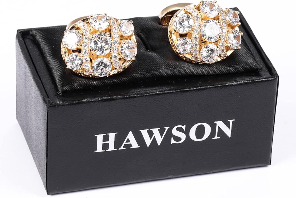 HAWSON Cufflinks for Men, Gold Diamond Crystal Cufflinks for Groom Husband Personalized Gifts, Mens Formal Wedding Business Cufflinks, Luxurious Gorgeous Cuff Links French Shirt Accessories