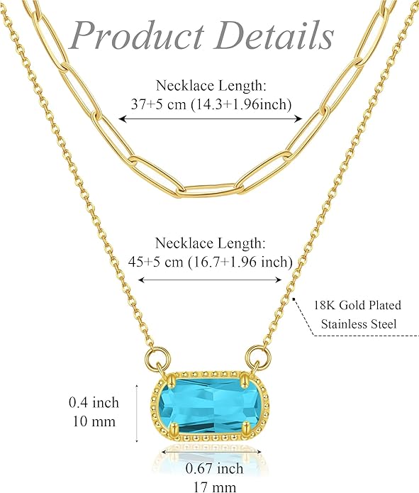 Lourny Gemstone Birthstone Pendant Layered Necklace for Women Trendy, 18K Gold Plated Paperclip Chain Preppy Choker Charm Necklace for Women Wife Jewelry