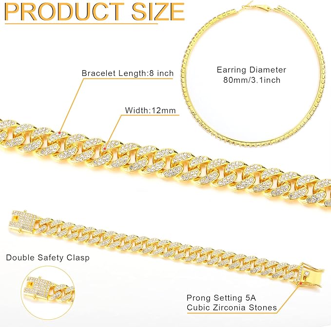 Batiyeer 3 Pcs Cuban Link Chain Necklace Bracelet Rhinestone Hoop Earrings Bling Crystal Hip Hop Jewelry for Women(18 Inch,Gold)