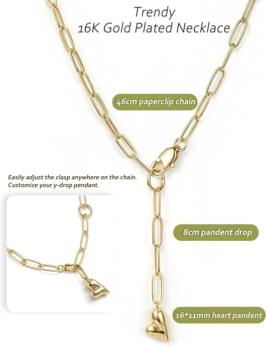 UBGICIG Honeycomb Layered Pendant Necklaces for Women Stackable, Dainty Y-Shaped Lariat Paperclip Pearl Heart Necklace, 16K Gold Silver Plated Long Necklaces Women's Trendy Drop Chain Necklace Jewelry