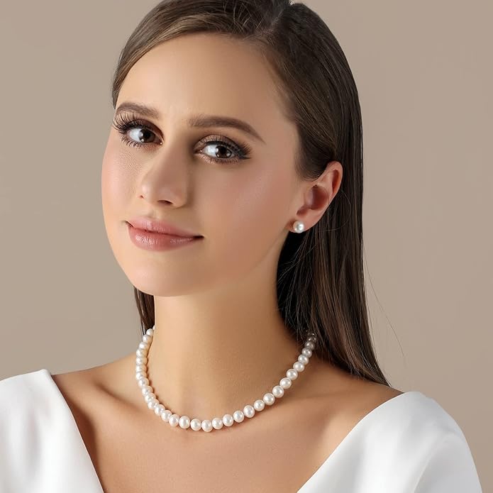 Freshwater Cultured Pearl Necklace, Real Pearl Necklace with Silver Chain and Clasp, Jewelry for Brides Wedding Gifts for Women Her Wife Sister
