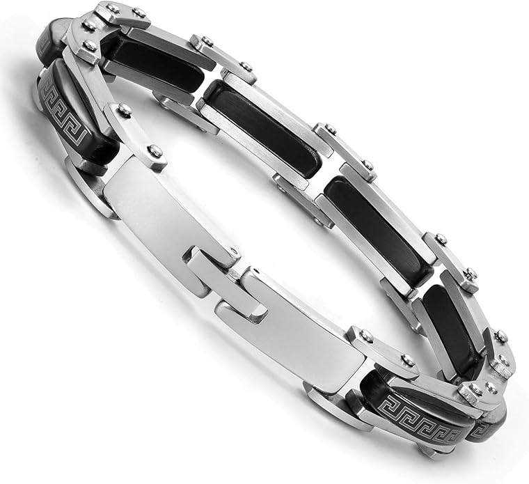Urban Jewelry Stunning Stainless Steel Link Bracelet for Men Polished Link, Puzzle, Ceramic Style (Silver, Black)