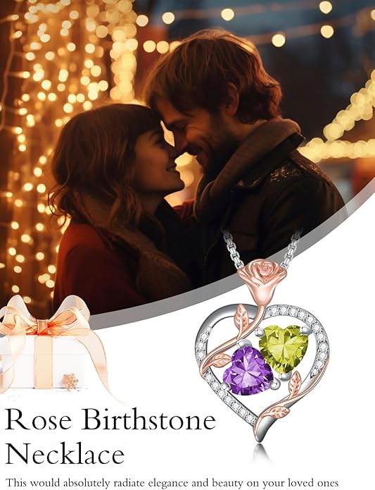 Christmas Gifts for Women Rose Heart Birthstone Pendant Necklace I Love You Forever Jewelry Valentine Mothers Day Birthday Gifts for Women Her Wife Girlfriend