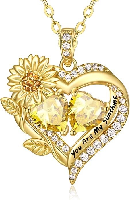Sunflower Heart Necklace for Women 14K Gold Exquisite Anniversary Birthday Gifts for Wife Mother Her Double Birthstone Pendant jewelry‘You Are My Sunshine’