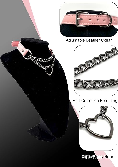 Black Leather Choker Collar For Women, Handmade Heart Slip Chain Choker Long Necklace with Adjustable Buckle