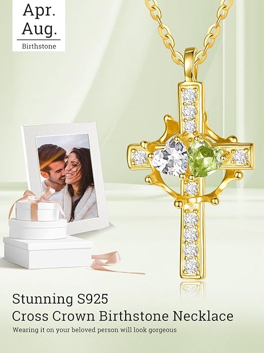 Zeuslia Double Birthstone Necklace Gifts for Wife - 925 Sterling Silver Sunflower/Rose/Crown Cross/Compass/Heart Pendant I Love You Necklace, Anniversary Birthday Gifts for Wife Girlfriend Mom Her