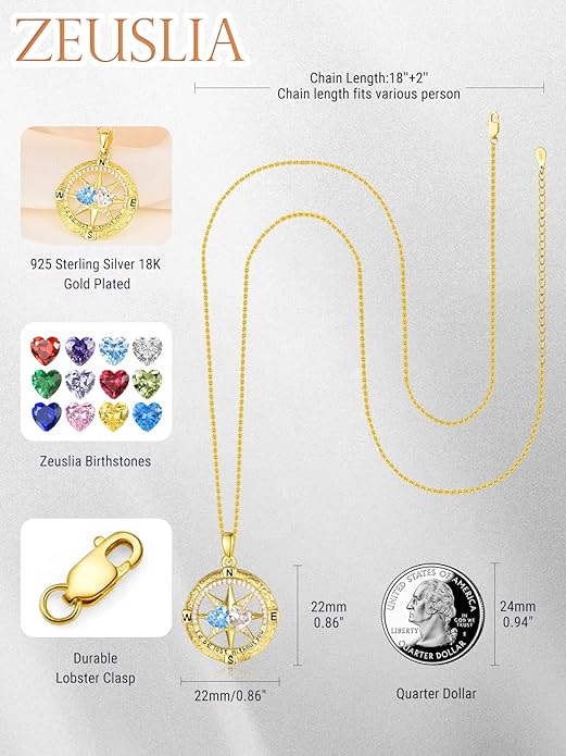 Zeuslia Double Birthstone Necklace Gifts for Wife - 925 Sterling Silver Sunflower/Rose/Crown Cross/Compass/Heart Pendant I Love You Necklace, Anniversary Birthday Gifts for Wife Girlfriend Mom Her