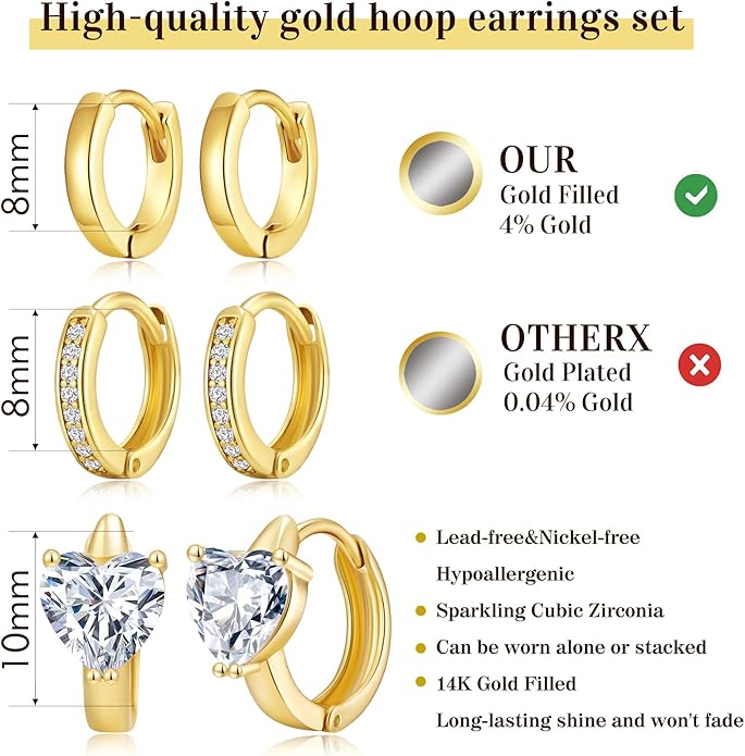 3Pairs Small Gold Huggie Hoop Earrings for Women,Romantic heart,Twisted braid two colors,3 CZ Hoop,5 Round Zircon Sport Hoops Earrings Set,14K Gold Filled Silver Hypoallergenic Earring Excellent gift