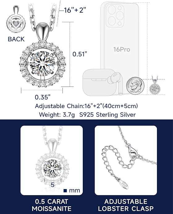MomentWish Necklace for Women, Sparkling Gift for Her, 1Carat Moissanite Heart Pendent for Her, 925 Sterling Silver Dance Necklace for Anniversary Christmas Valentines