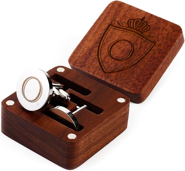 Mens Initial Silver Cufflinks A-Z Alphabet Letter Steel Cuff Links with Engraved Walnut Wood Box Groom Groomsman Wedding Set…