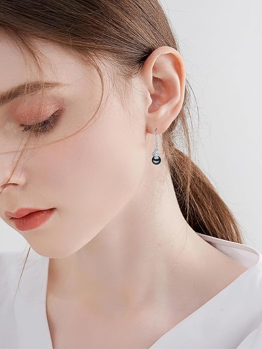 Tahitian Black Pearl Earring 18K White Gold Plated Sterling Silver Dangle Drop Earrings Black Pearl Jewelry Gifts for Women Mom