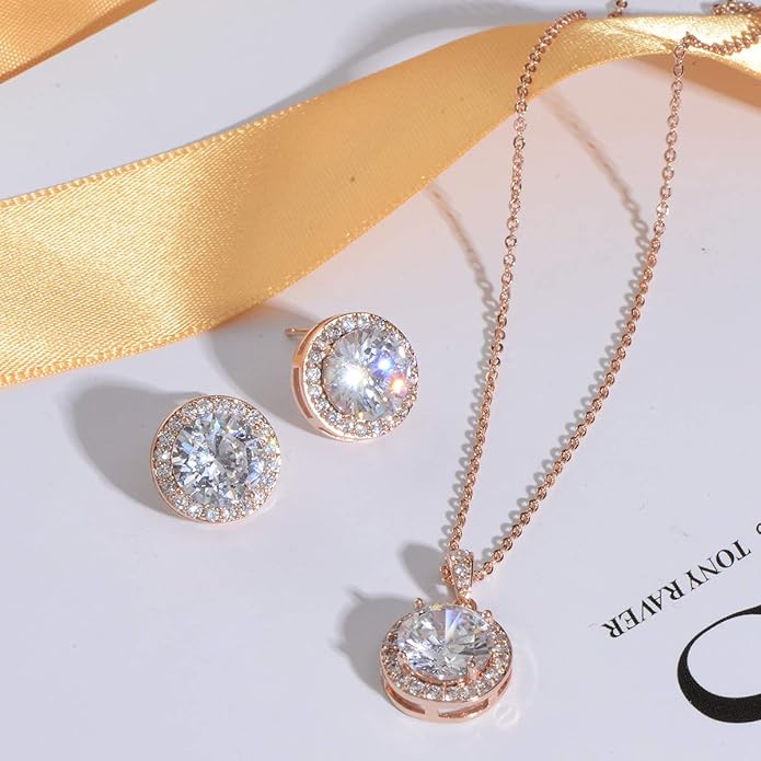 Bridal Crystal Jewelry Set - Sterling Silver Round Cubic Zirconia CZ Rhinestone Halo Birthstone Pendant Necklace Stud Earrings Set for Wedding Bride Bridesmaids Birthday Gift