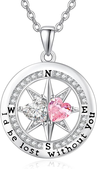 Compass Birthstones Necklace for Women, Exquisite Anniversary Birthday Gifts for Wife Her Double Birthstone Pendant jewelry ‘I'd be Lost Without You’