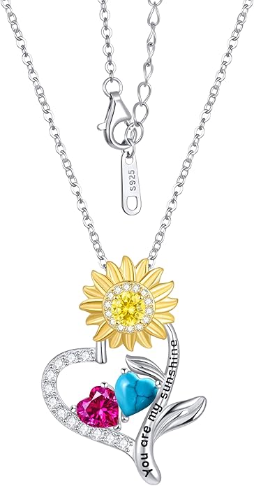 PERJI Valentine's Day Gifts for Women - 925 Sterling Silver Double Birthstone Sunflower Necklace, Anniversary Birthday Jewelry You are My Sunshine Gifts for Wife Couple Girlfriend 18"+2" Non Tarnish