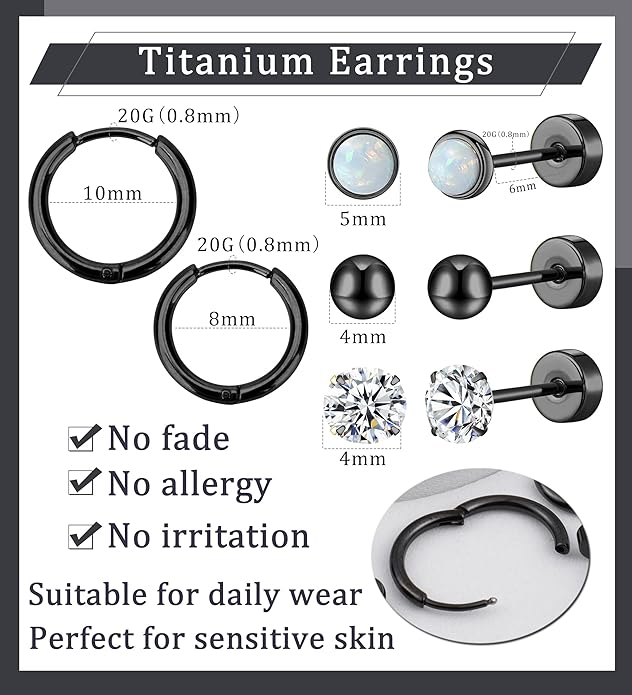 MJust Titanium Earrings for Sensitive Ears 20G Hypoallergenic Stud Hoop Earrings for Women Men Opal Ball CZ Heart Pearl Flat Back Earrings Cartilage Earrings Set