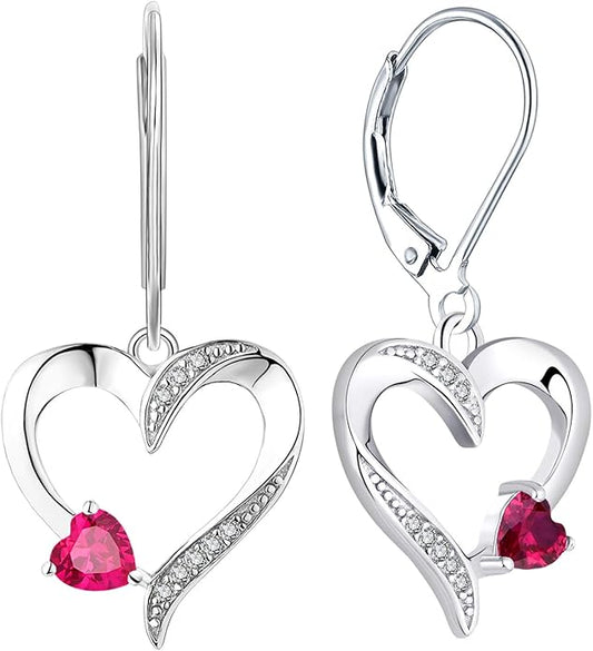 YL Heart Dangle Earrings 925 Sterling Silver Drop Earrings Birthstone Leverback Jewelry for Women