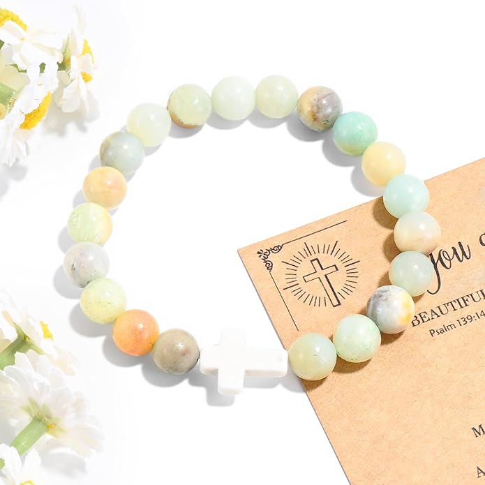 VIBILIA Cross Beaded Bracelets for Women, Inspirational Natural Heart Religious Bracelets for Women, Birthday Christian Gifts for Women on Thanksgiving Christmas Gifts