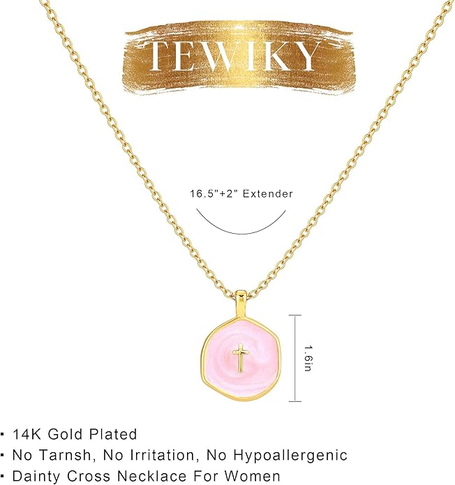 Tewiky Cross Necklace for Women-Dainty Simple 14k Gold Plated Cross Pendant Cute Necklaces for Women Jewelry
