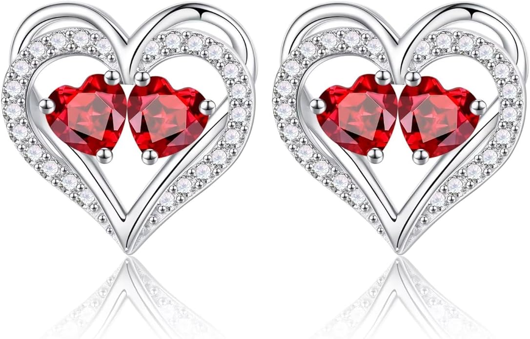 Iefil Birthstone Earrings for Women - 925 Sterling Silver Heart Earrings Anniversary Birthday Gifts for Women Wife Girlfriend Mom