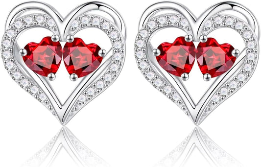 Iefil Birthstone Earrings for Women - 925 Sterling Silver Heart Earrings Anniversary Birthday Gifts for Women Wife Girlfriend Mom