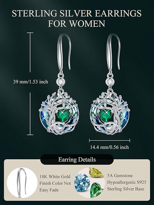 TOUPOP Tree of Life Birthstone Earrings for Women 925 Sterling Silver Family Tree Dangle Earrings Austrian Crystal Jewelry Birthday Christmas Gifts for Her Girlfriend Wife Mom
