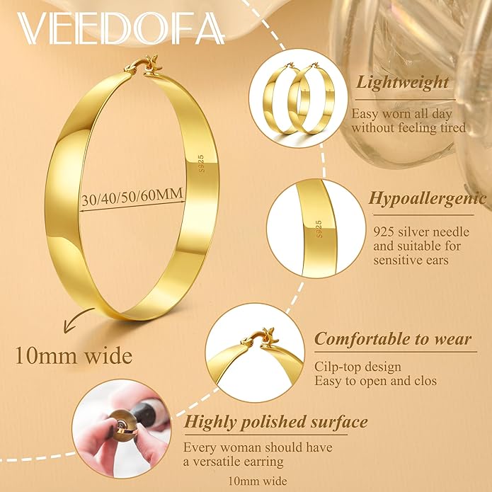 10MM Wide Thick Gold Hoop Earrings for Women Hypoallergenic 925 Sterling Silver Large Hoop Lightweight Chunky Hoops Earring for Women Jewelry Gifts