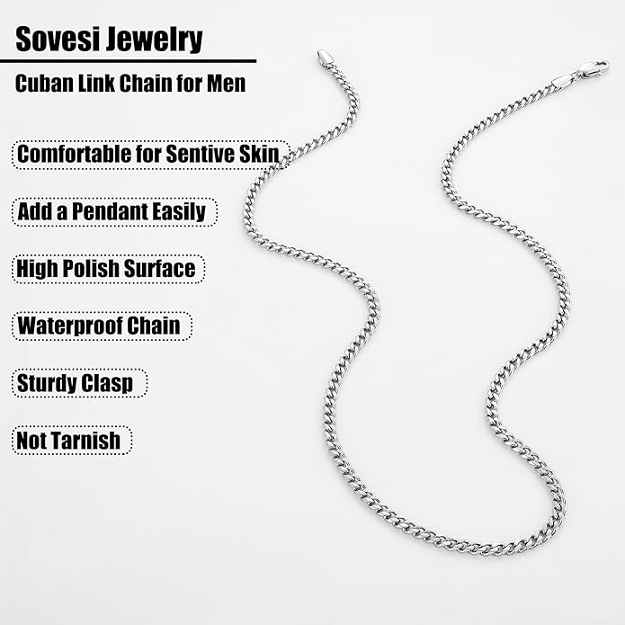 sovesi 3.5/5mm Cuban Link Chain Necklace for Men, Silver Tone/Black/14K Gold Plated Stainless Steel Necklace Chain, Mens Chain 16-28 Inch Jewelry Gift