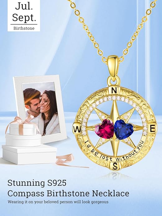 Zeuslia Double Birthstone Necklace Gifts for Wife - 925 Sterling Silver Sunflower/Rose/Crown Cross/Compass/Heart Pendant I Love You Necklace, Anniversary Birthday Gifts for Wife Girlfriend Mom Her