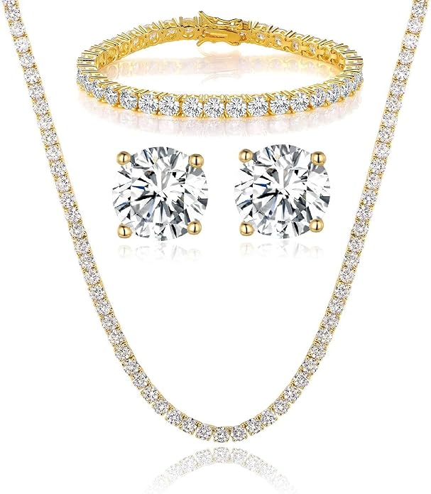 Gemsme 18K Yellow Gold/White Gold Plated Wedding Jewelry Set Tennis Necklace/Bracelet/Earrings Sets Pack of 3