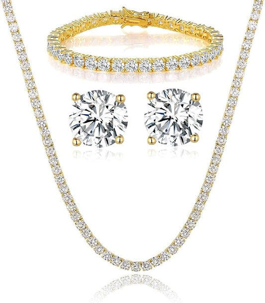 Gemsme 18K Yellow Gold/White Gold Plated Wedding Jewelry Set Tennis Necklace/Bracelet/Earrings Sets Pack of 3