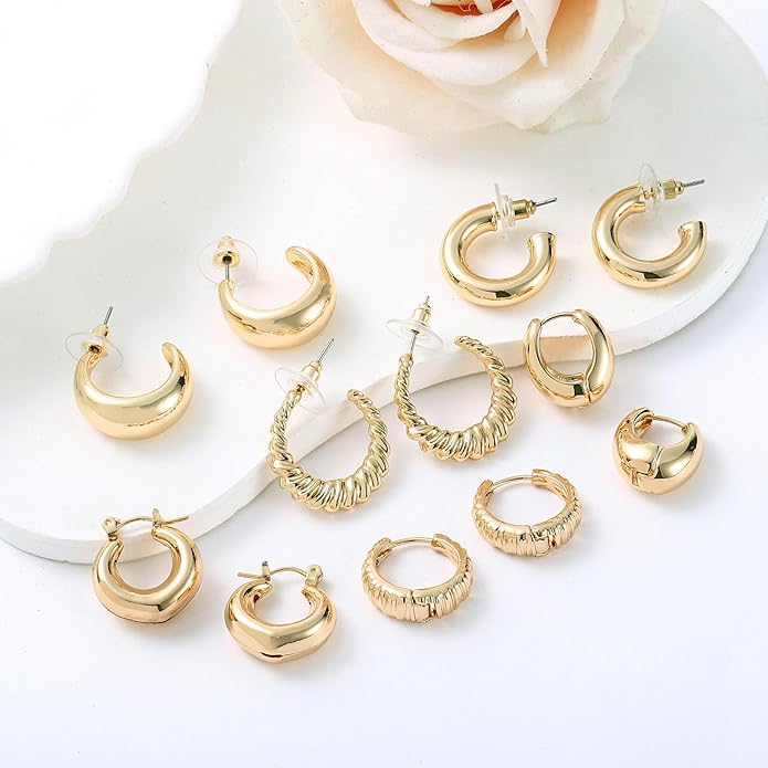 6 Pairs Gold Hoop Earrings for Women, 14K Gold Plated Lightweight Chunky Hoop Earrings Set Hypoallergenic, Thick Open Huggie Hoops Earrings Jewelry for Gifts.